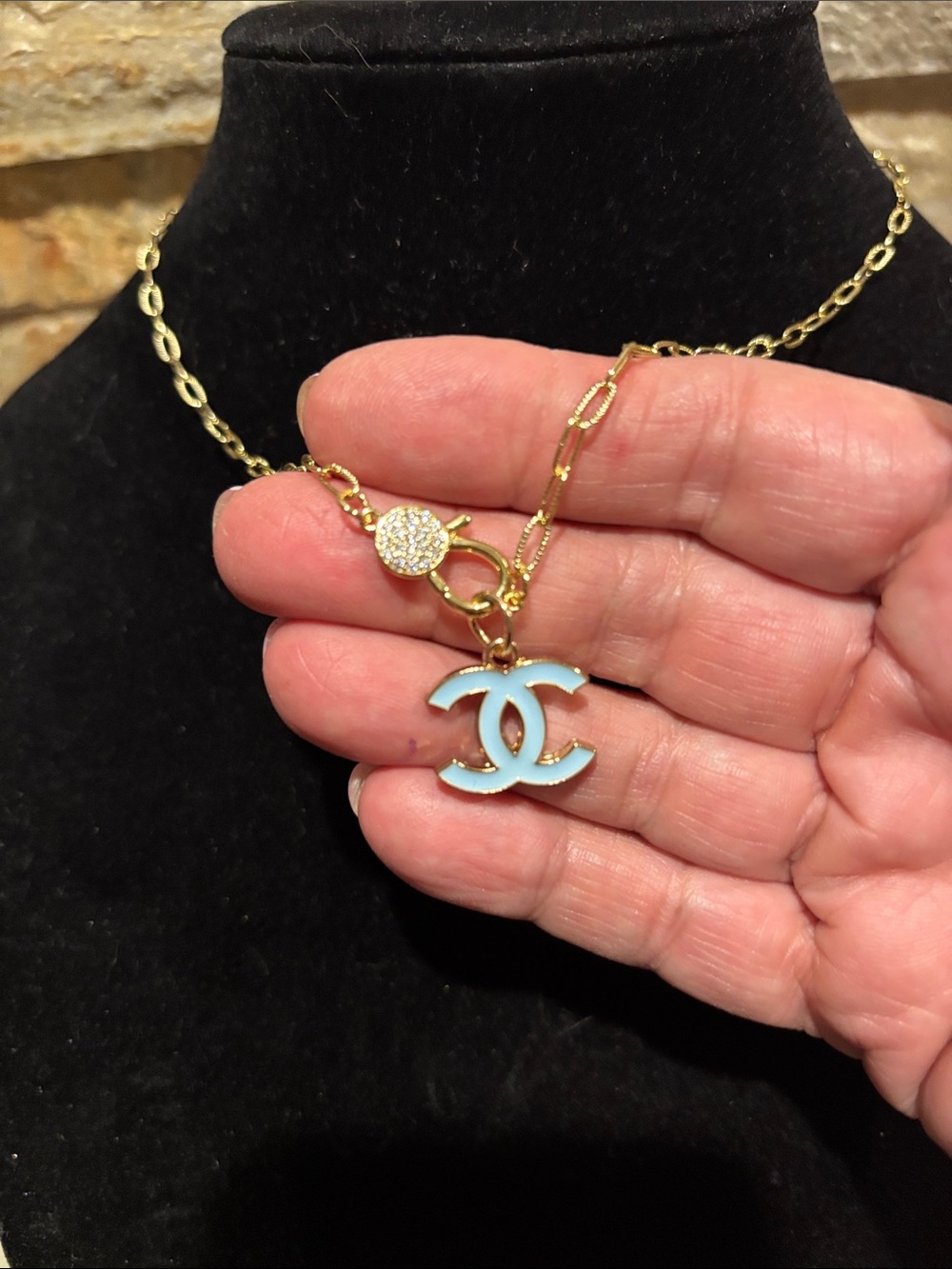 Gold Chain Necklace with a baby blue Enamel CC Pendant